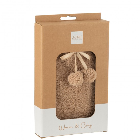 Jline Warmwaterkruik Teddy Pompons Polyester Licht Bruin.