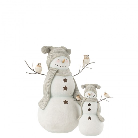 Jline Sneeuwman Led Vogels Resine Wit Grey Large.