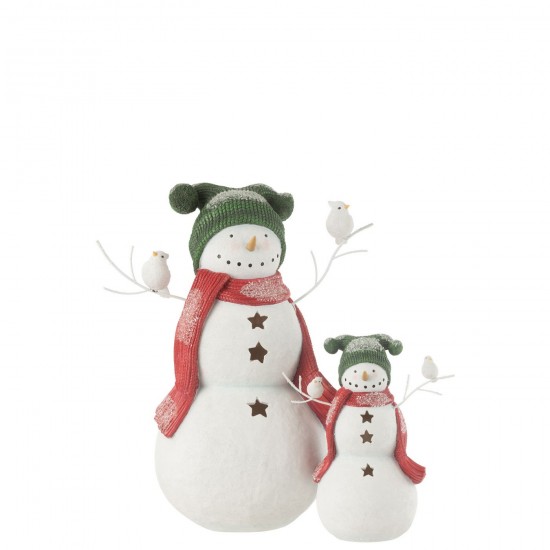 Jline Sneeuwman Led Vogels Resine Rood Green Large.