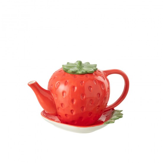 J Line Theepot Dienblad Aardbei Dolomiet Rood kannen theepotten teapotten theekannetjes JO50470.