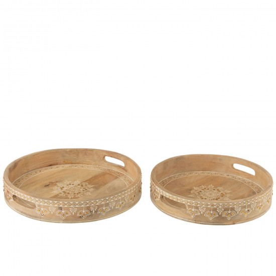 Jline Set Van 2 Dienbladen Met 2 Handvaten Kralen Mango Hout Naturel Wit.