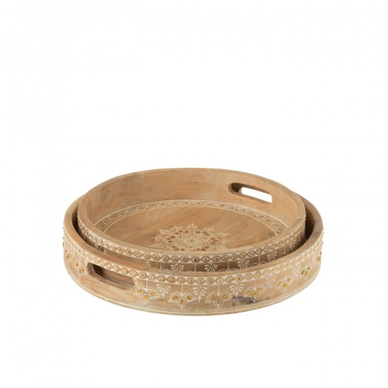 Jline Set Von 2 Tabletten 2 Henkel Perlen Mango Holz Naturell Weiss Serviertabletts.