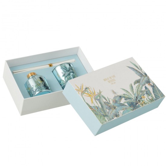 J Line bougies parfumées Jolipa Set Cadeau Bougie Diffuseur Walk In The Woods Bleu.