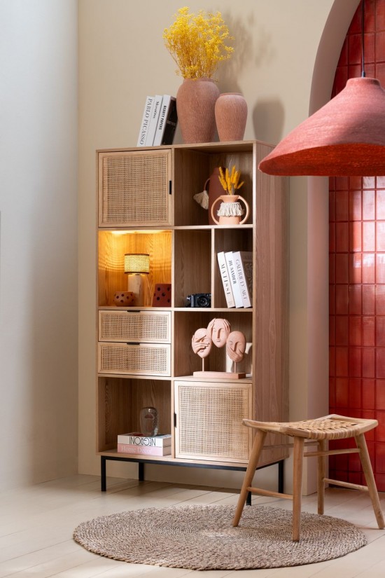 Jline Taburete Rectangulo Ratan Madera De Abeto Natural.