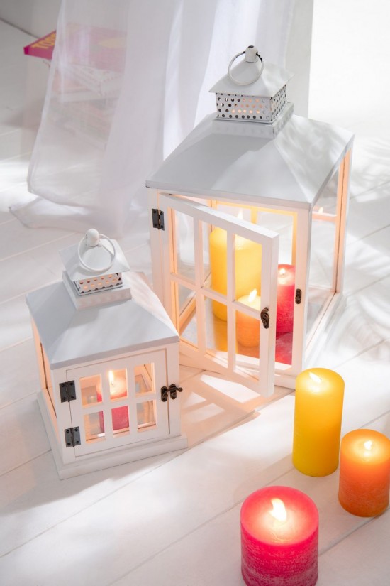 Jline Set 2 Farolillo Casa Madera De Abeto Metal Blanco.