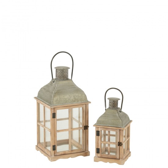 J Line Set Van Twee Lantaarns Huizen Sparhout Metaal Naturel Grijs windlichten lantaarns JO50762.