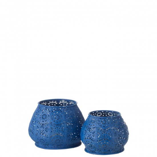 Jline Theelichthouder Cylinder Metaal Glas Blauw Large.