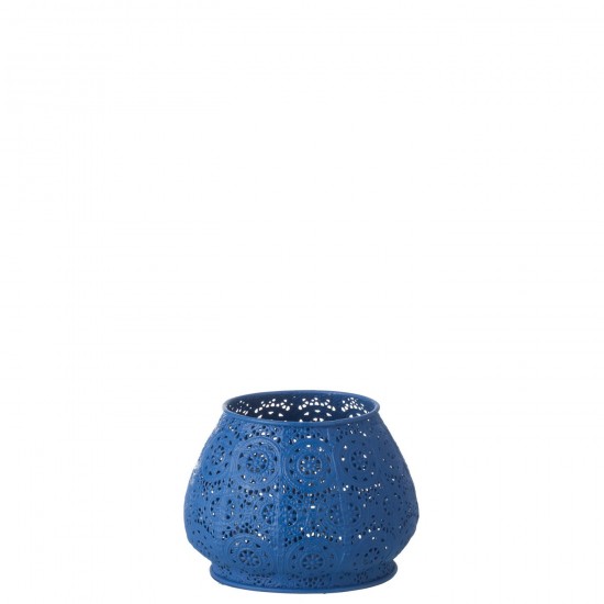 J Line Theelichthouder Cylinder Metaal Glas Blauw Large T theelichten theelichthouders waxinelichten JO50895.