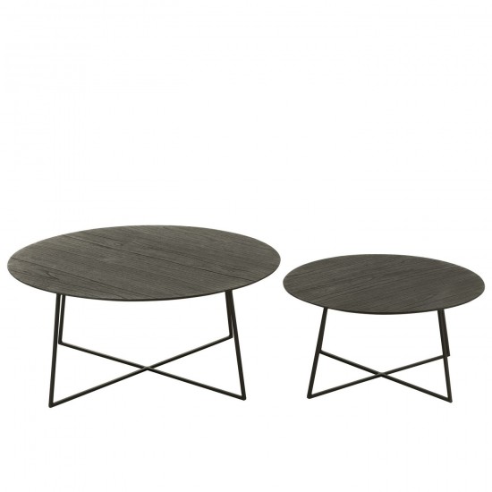 J Line tables de salon basse Jolipa Set 2 Tables Gigognes Rond Bois Teck Metal Noir.