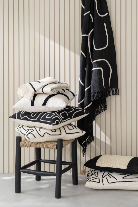 Jline Plaid Líneas Curvas Algodón Negro Blanco.