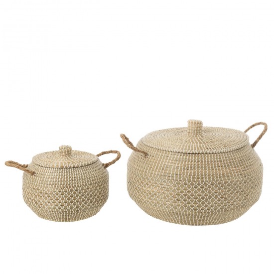 J Line paniers de rangement Jolipa Set De 2 Panier Anses Couvercle Jonc De Mer Plastique Naturel Blanc.