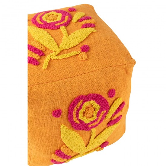 Jline Poef Vierkant Bloem Katoen Oranje Roze Geel.