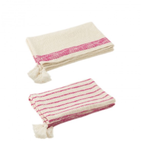 J Line Plaid Strepen Kwasten Katoen Wit Roze plaids deken dekens dekentjes quilts JO51924.
