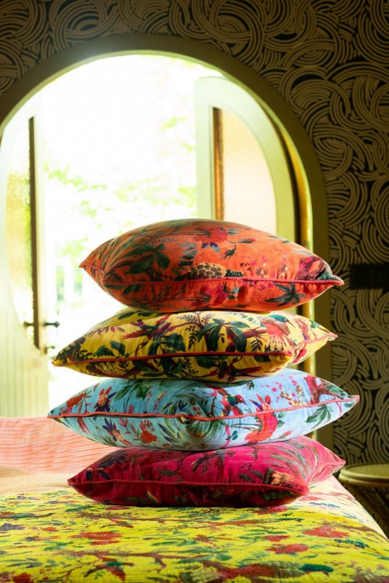 Jline Cojín Pájaros Flores Terciopelo De Algodón Amarillo.