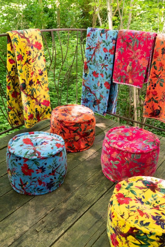 Jline Manta Pájaros Flores En Terciopelo De Algodón Amarillo.