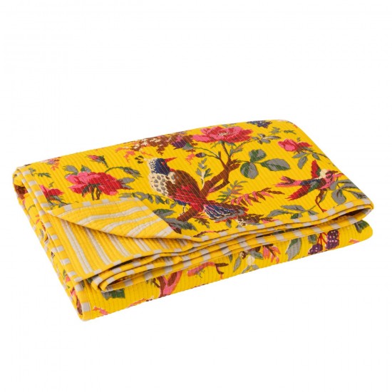 J Line Jolipa Couverture Oiseaux Fleurs Velours De Coton Jaune.