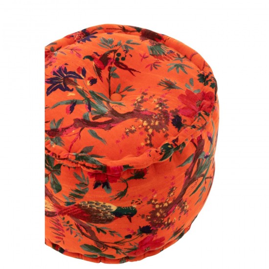J Line poufs Jolipa Pouf Rond Oiseaux Fleurs Velours De Coton Orange.
