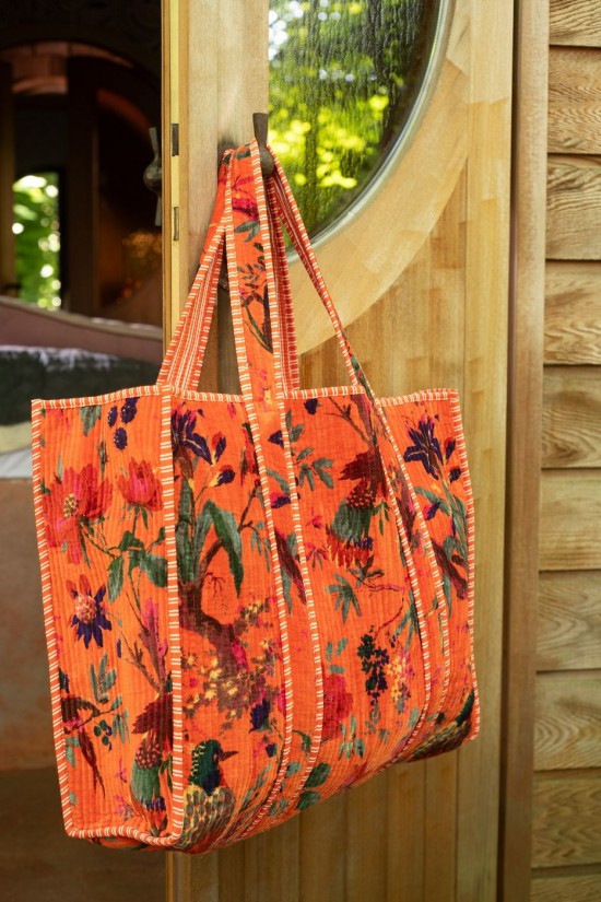 Jline Bolsa Pájaro Flor Terciopelo Algodón Naranja.