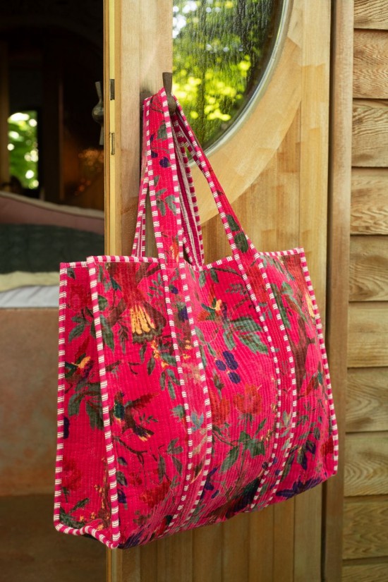 Jline Bolsa Pájaro Flor Terciopelo Algodón Rosa.