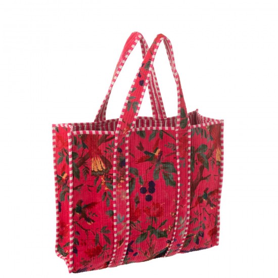 J Line Tas Vogels Bloemen Katoenfluweel Roze draagtassen JO51978.