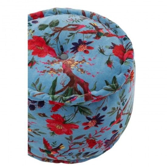 J Line poufs Jolipa Pouf Rond Oiseaux Fleurs Velours De Coton Bleu.