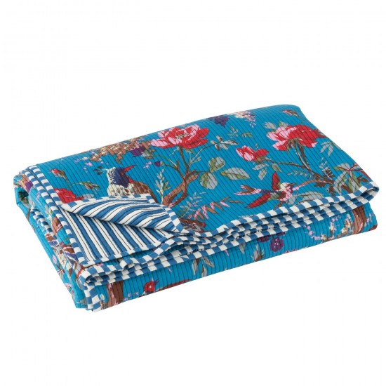J Line Jolipa Couverture Oiseaux Fleurs Velours De Coton Bleu.