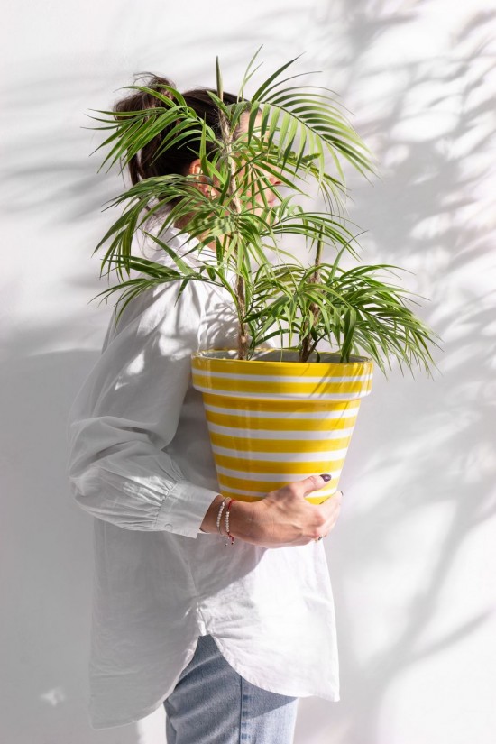 Jline Flowerpot Plate Granada Stripes Handmade Painted Ceramic Yellow Medium.