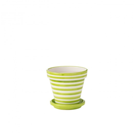 J Line Flowerpot Plate Granada Stripes Handmade Painted Ceramic Green Medium bloempotten bloemvaas bloemvazen bloemenvaas bloe JO52047.
