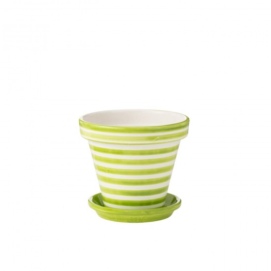 J Line Flowerpot Plate Granada Stripes Handmade Painted Ceramic Green Large bloempotten bloemvaas bloemvazen bloemenvaas bloem JO52048.
