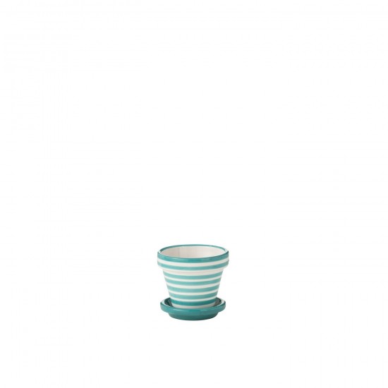 J Line Flowerpot Plate Granada Stripes Handmade Painted Ceramic Aqua Extra Small bloempotten bloemvaas bloemvazen bloemenvaas JO52050.