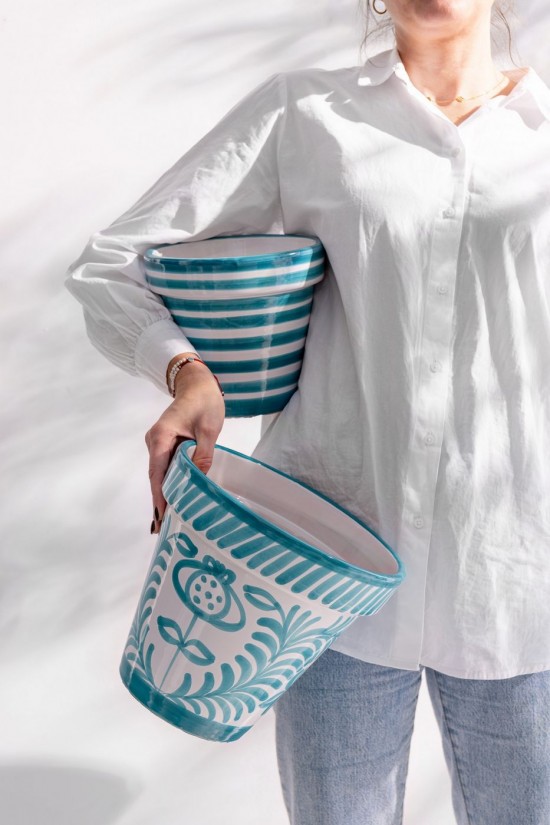 Jline Flowerpot Plate Granada Stripes Handmade Painted Ceramic Aqua Small.