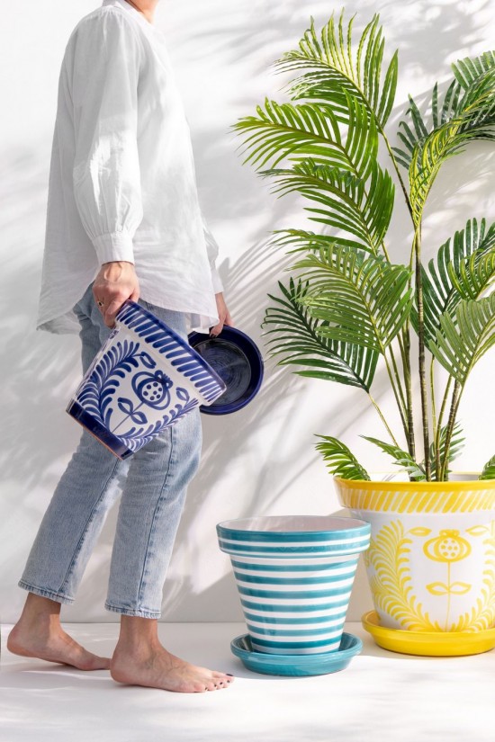 Jline Flowerpot Plate Granada Stripes Handmade Painted Ceramic Aqua Large.