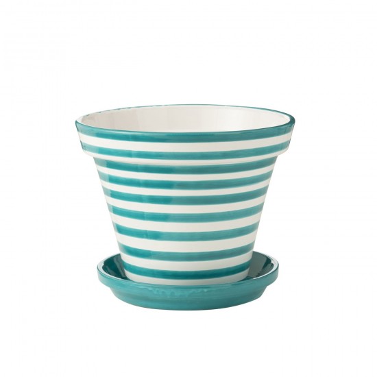J Line Flowerpot Plate Granada Stripes Handmade Painted Ceramic Aqua Extra Large bloempotten bloemvaas bloemvazen bloemenvaas JO52054.