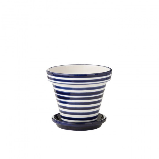 J Line Flowerpot Plate Granada Stripes Handmade Painted Ceramic Cobalto Blue Large bloempotten bloemvaas bloemvazen bloemenvaa JO52058.