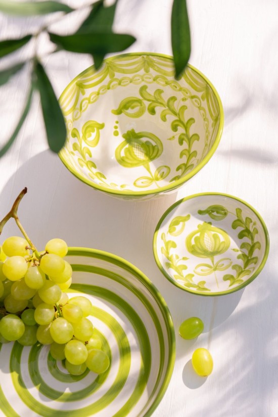 Jline Bowl Granada Low Ceramic White Green Small.