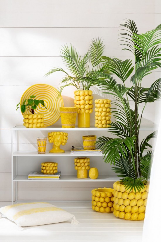 Jline Lebrillo Bowl Granada Stripes Ceramic White Yellow.