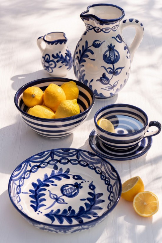 Jline Cup Plate Granada Stripes Ceramic White Cobalto Blue.