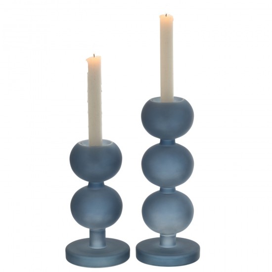 J Line Set Van 2 Kandelaars Malik Glas Blauw kaarshouders kaarsenhouders kandelaars JO53442.