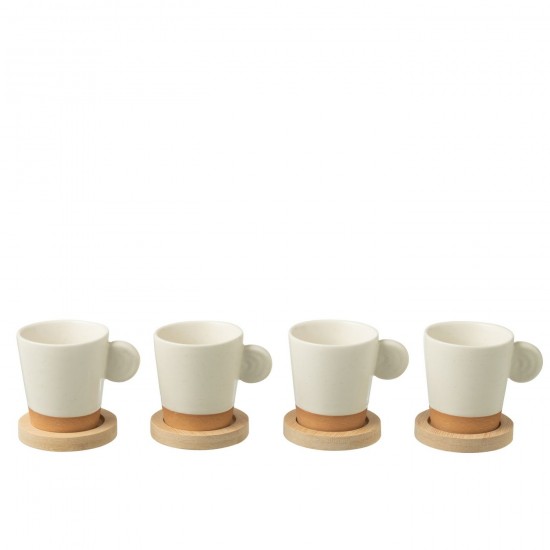 J Line tasses de cafe Jolipa Boite 4 Tasses A Cafe Base Bambou Ceramique Blanc Naturel.