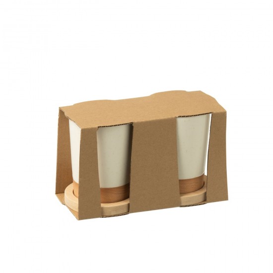 J Line tasses de cafe Jolipa Boite 2 Tasses Base Bambou Ceramique Blanc Naturel.