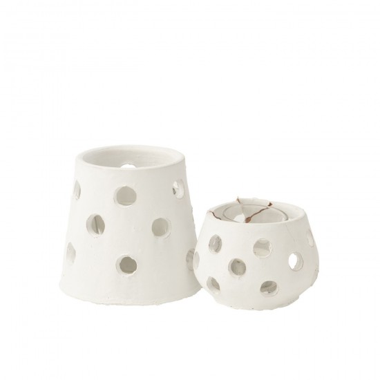 Jline Theelichthouder Ibiza Smal Klei Glas Wit.