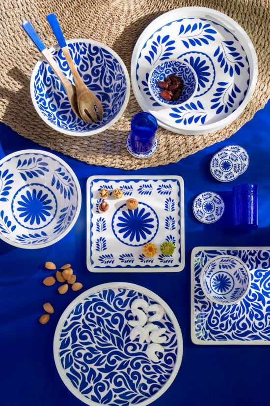 Jline Set De 4 Posavasos Motivos Florales Madera De Mango Azul Blanco.