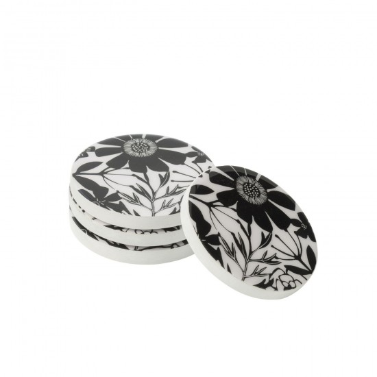 J Line série de vaisselle Jolipa Set 4 Sous Verre Motif Floral Bois De Manguier Noir Blanc.