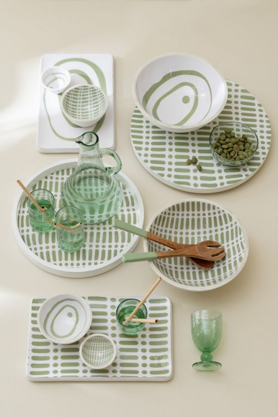 Jline Bandeja Redonda Con Asas Madera De Mango Verde Blanco.