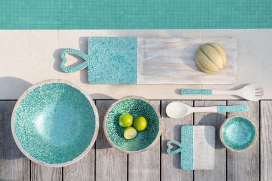 JLine J Line Set Van 2 Saladebestekken Mozaiek Lang Mango Hout Groen eetbestekken.