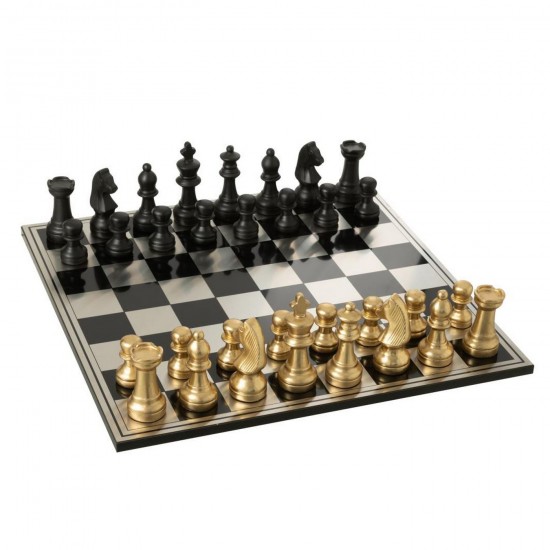 J Line Schaakspel Plateay Polyresin Goudkleurig Zwart L61xB61xH14 cm schaakborden JO55333.