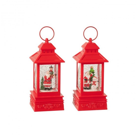 J Line Waterbol Lantaarn Kerstman Plastiek Kerstrood L11xB11xH25 cm sneeuwtjes waterballen JO55367.