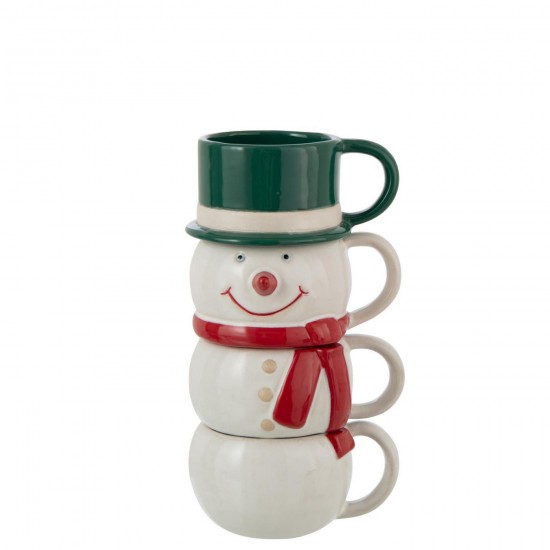 J Line Mok 4 Delen Sneeuwman Steengoed Meerkleurig L13xB11xH23 cm mokken JO55516.