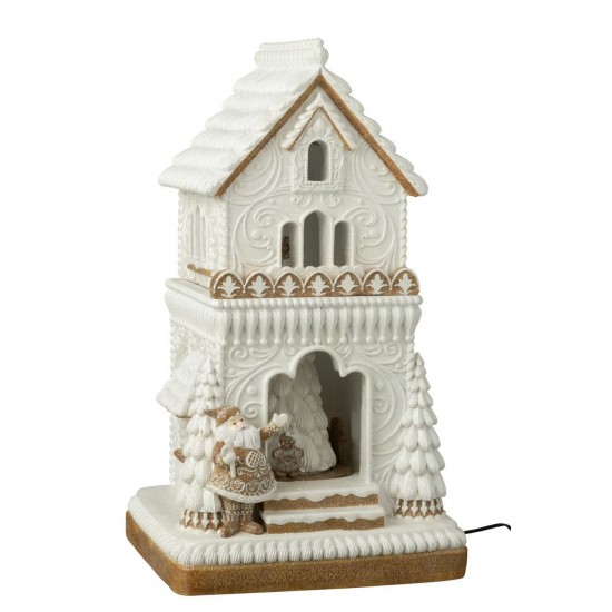 J Line Peperkoek Led Huis Kerstman Kalk Beige Wit L26xB23xH47 cm objecten JO55559.