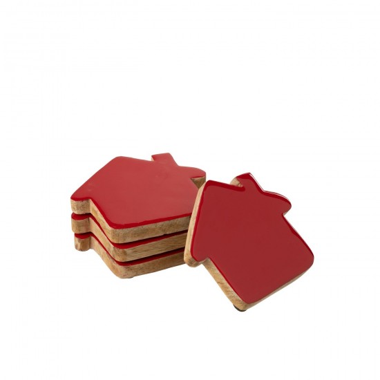 J Line sous verres Jolipa Set De 4 Sous Verre Maison Bois De Manguier Rouge Noël Naturel.